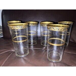 Libbey Drinking Glasses with Floral Gold Band & Gold Trim 6 Highball